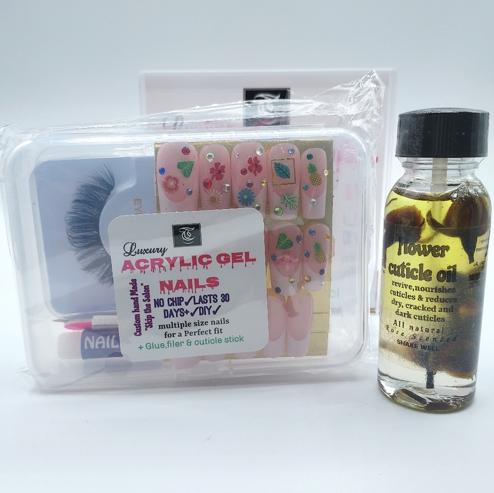 Acrylic Gel Nails with Eyelash Set+ Rose Cuticle Oil